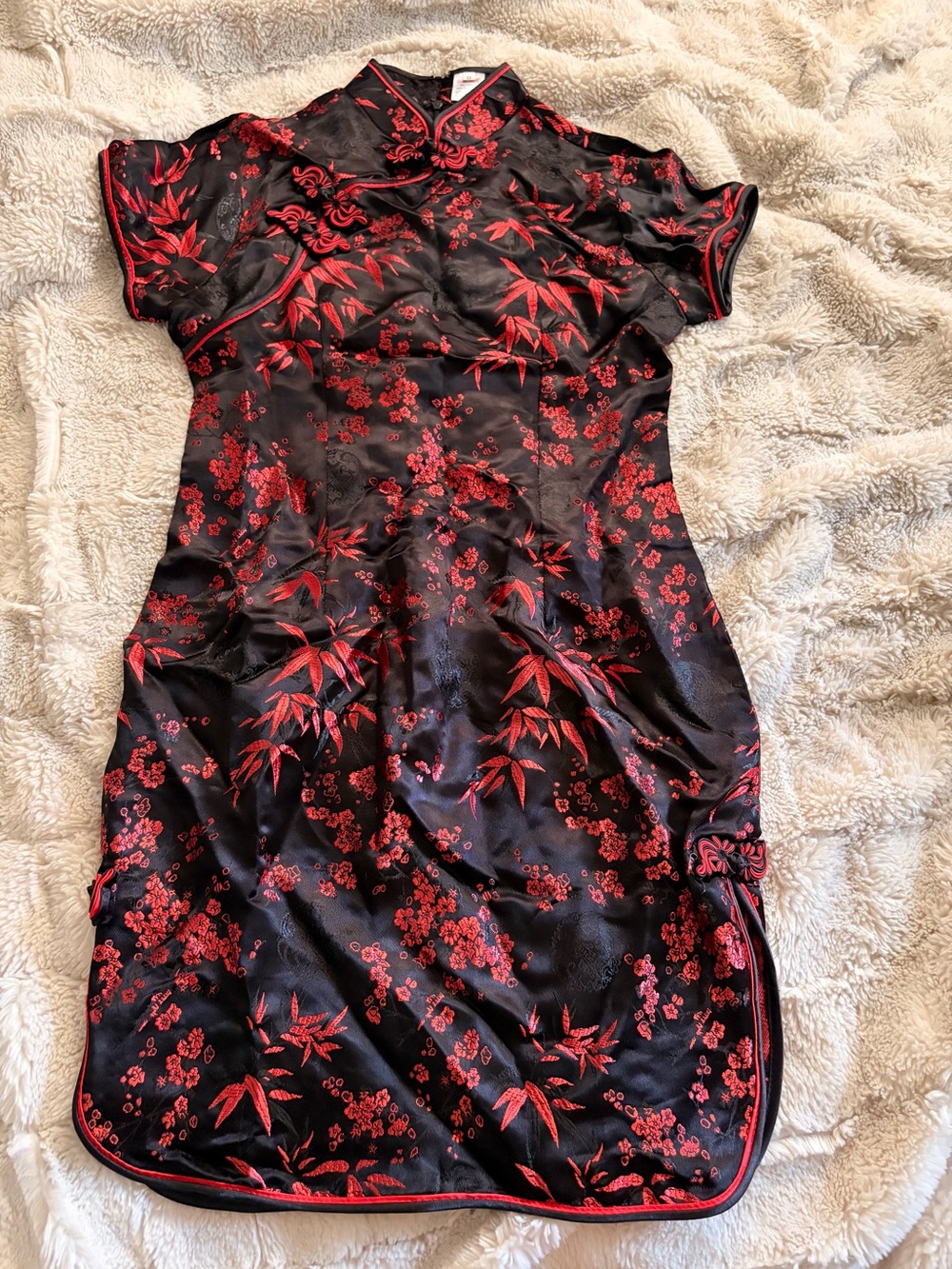 Red & Black Floral Satin Mini Cheongsam Dress